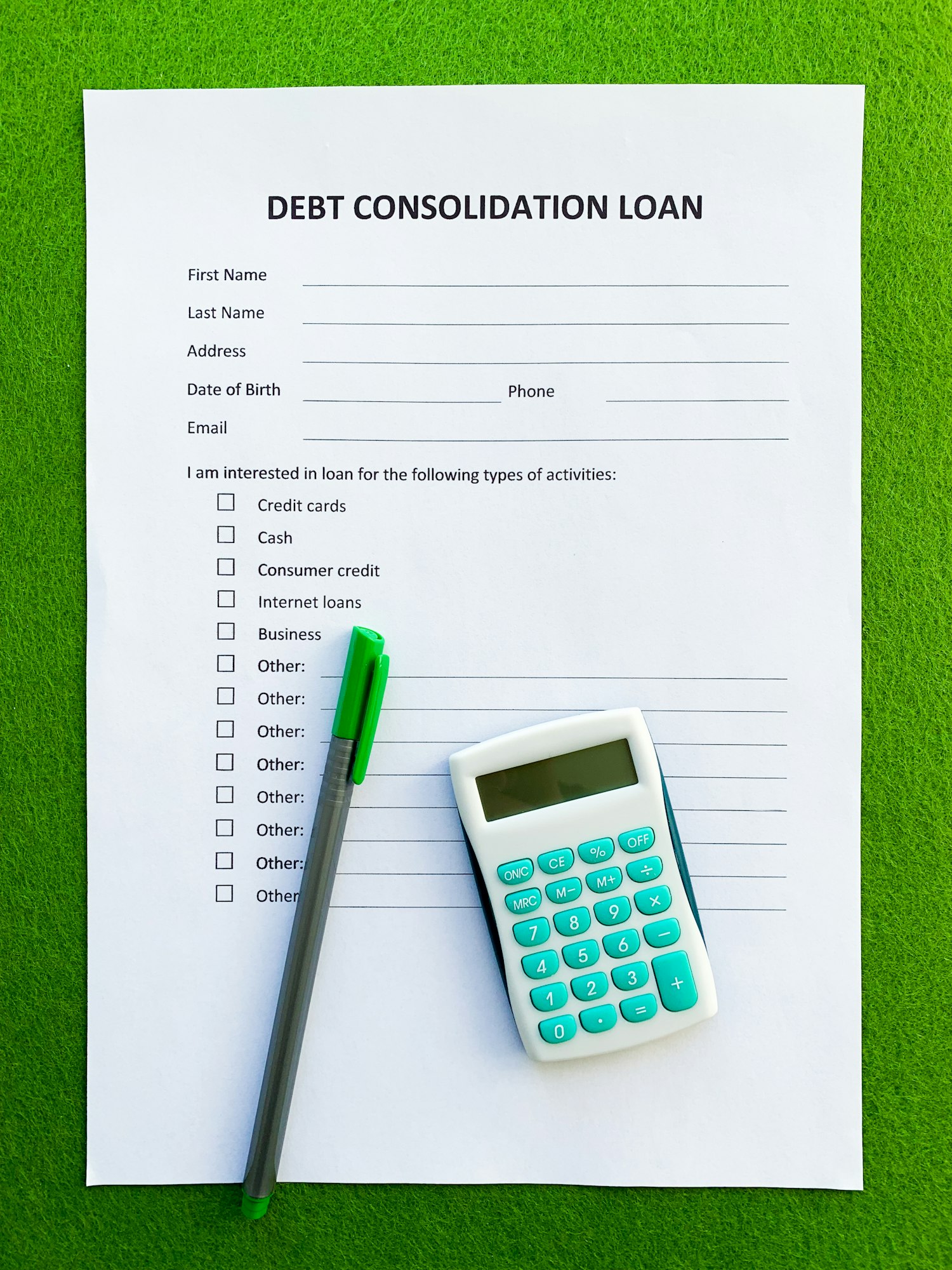 debt consolidation loan document with graph on table